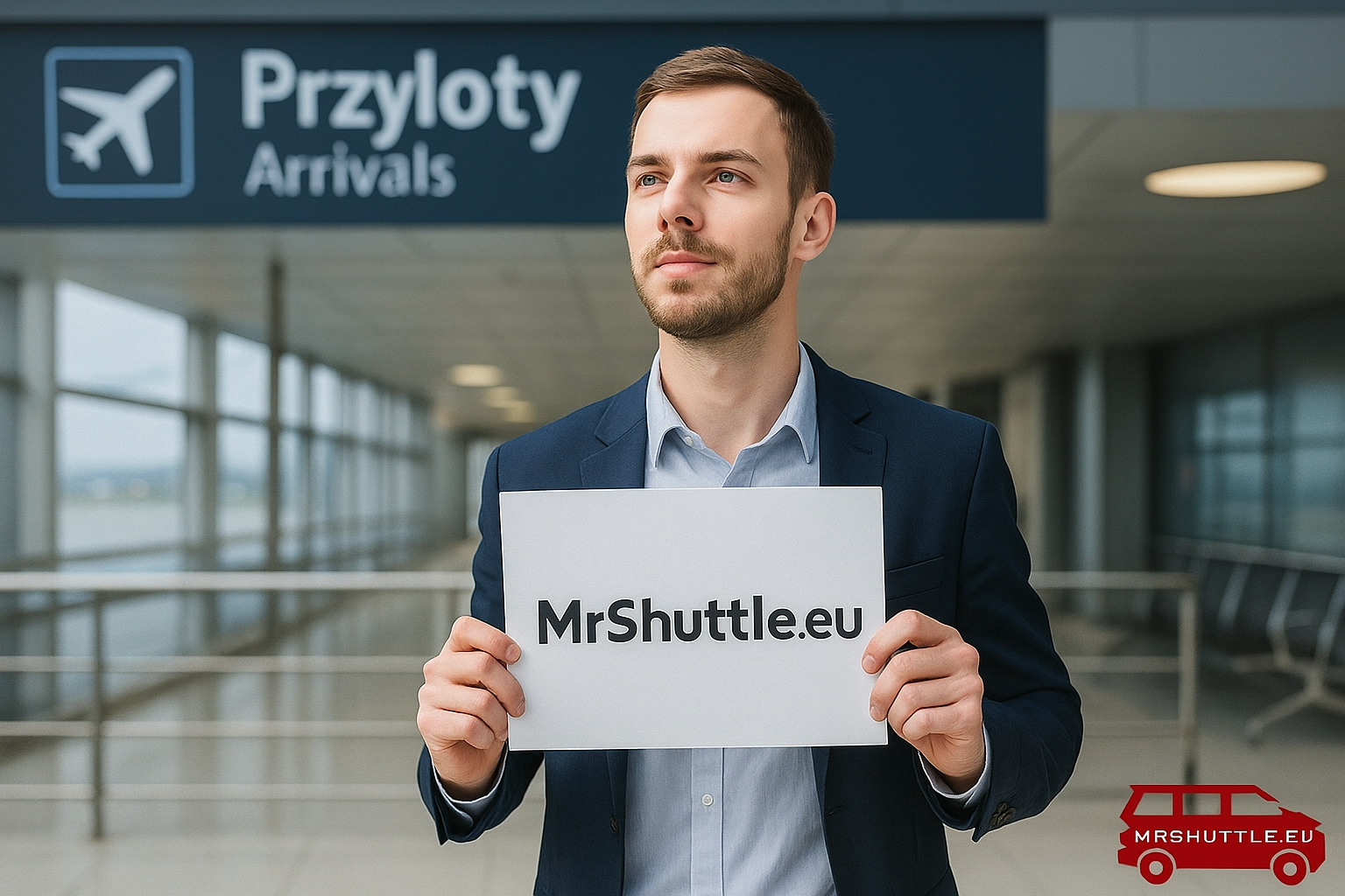 Modern silver Mercedes van parked in front of Kraków Airport, driver welcoming tourists.