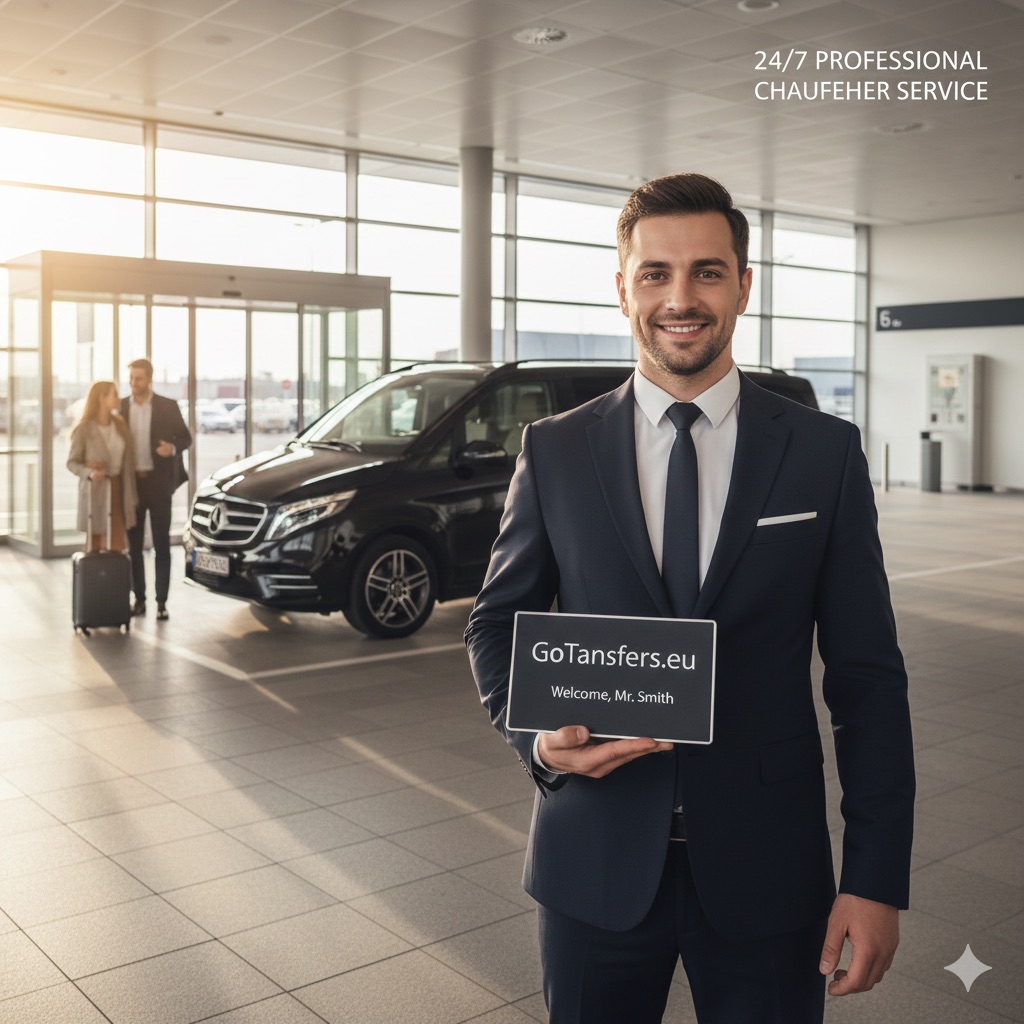 Professional GoTransfers chauffeur in a suit opening the door of a black Mercedes V-Class for a tourist at Krakow Airport.