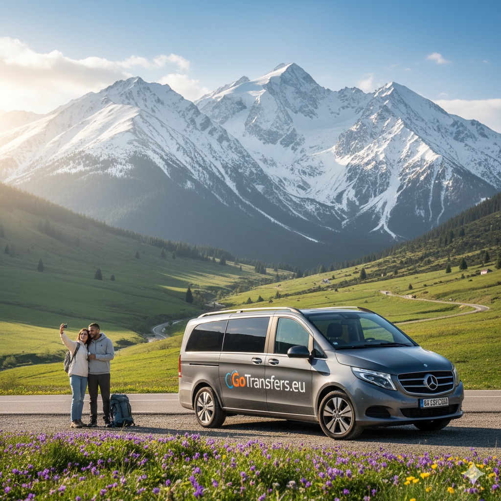 Luksusowy van GoTransfers.eu na tle zielonych dolin i ośnieżonych szczytów Tatr wiosną 2026 – prywatne wycieczki z Krakowa.