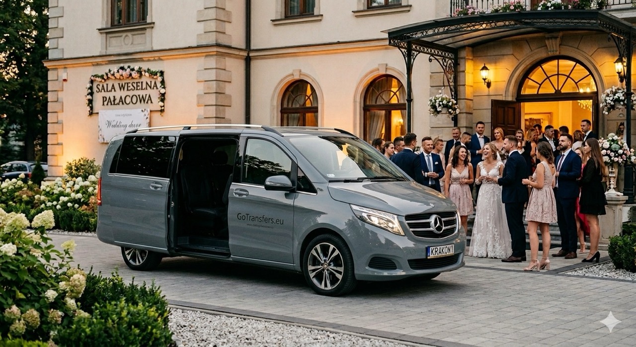 Czarny Mercedes Klasy V marki GoTransfers pod salą weselną w Krakowie – profesjonalne rozwożenie gości weselnych.