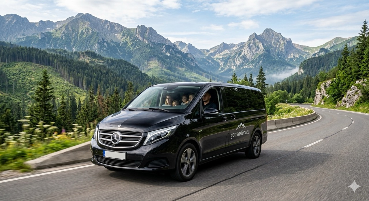 Luxury black Mercedes V-Class by GoTransfers driving on a scenic road in the Tatra Mountains, providing premium private transfers for tourists in Poland.