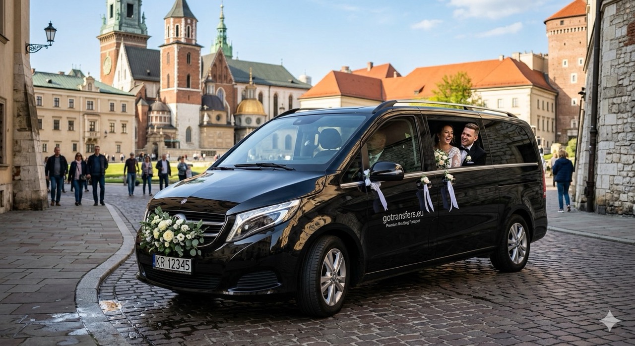 Black Mercedes V-Class with elegant white flower decorations and a wedding couple inside, driving near Wawel Castle in Krakow, offering premium guest transportation by GoTransfers.