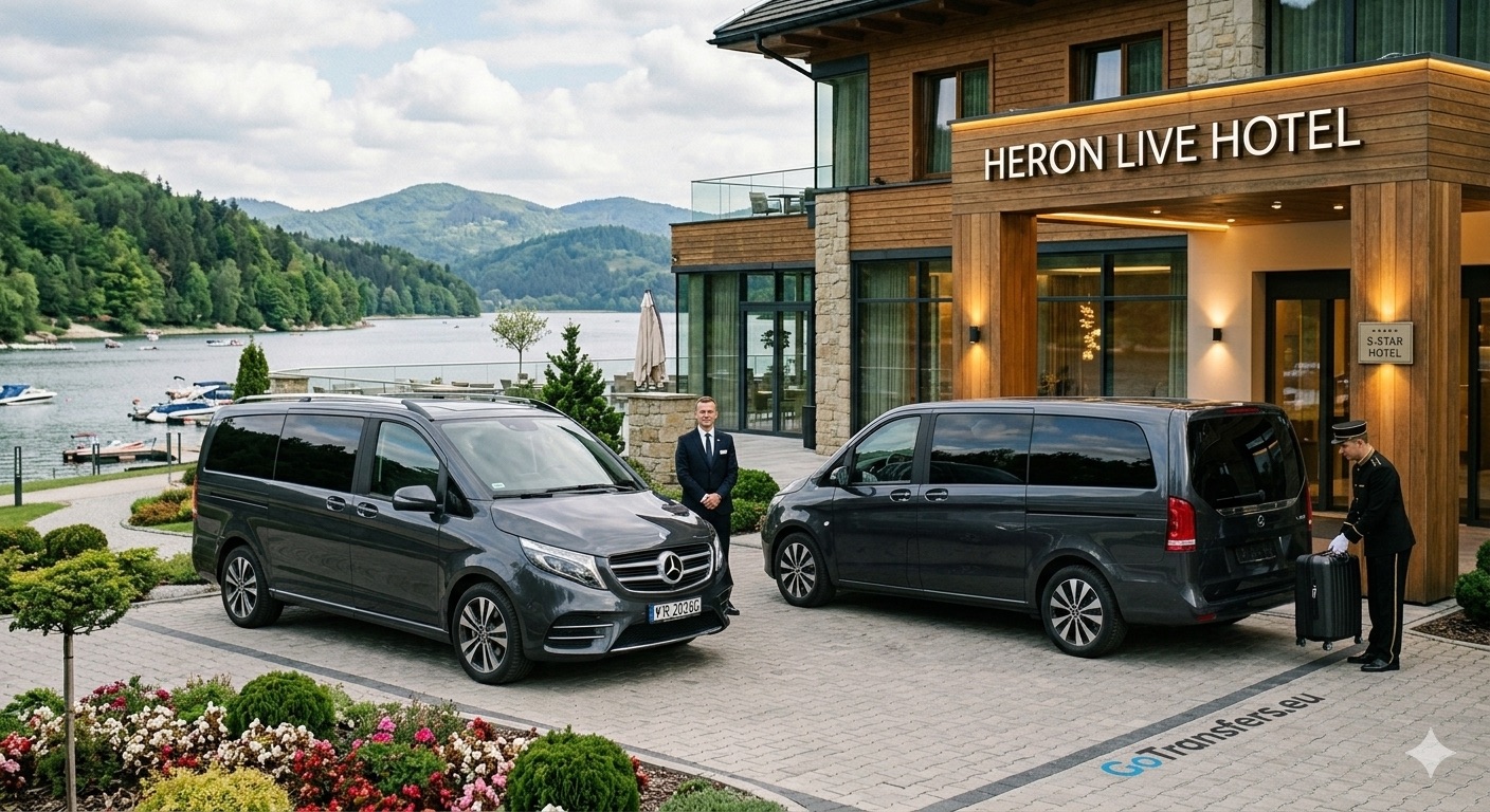 Dwa luksusowe busy Mercedes V-Class floty GoTransfers.eu pod hotelem Heron Live Hotel w Gródku nad Dunajcem – transport premium i obsługa eventów.