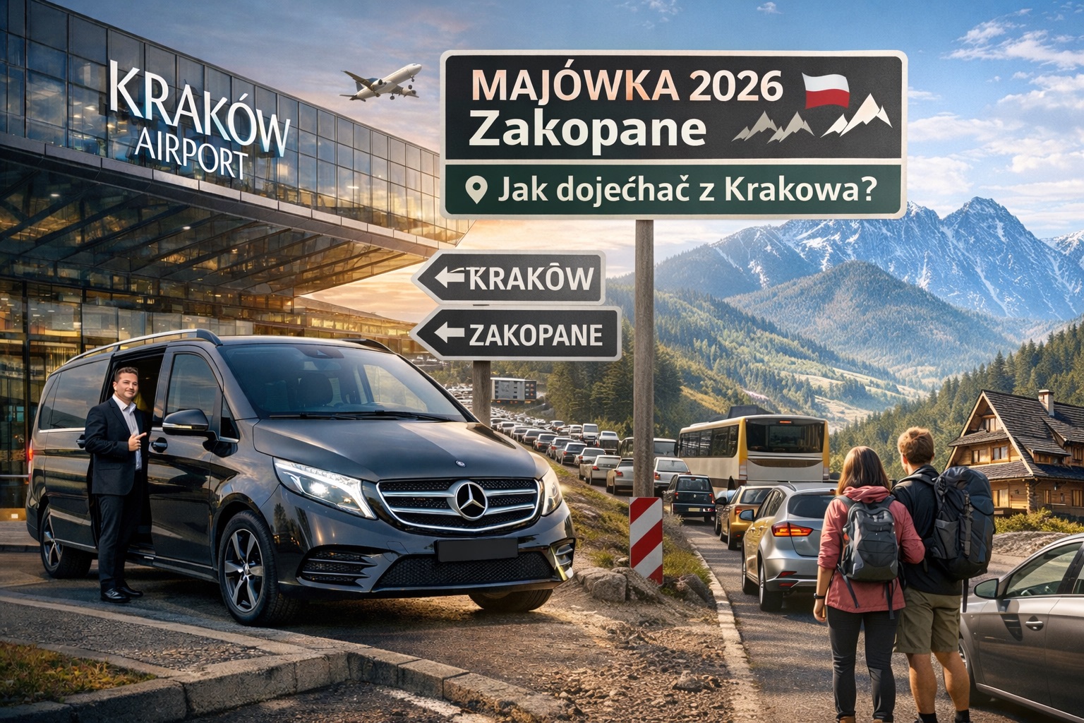 Majówka 2026 – transport z Krakowa do Zakopanego, prywatny transfer vanem na tle Tatr i korków na trasie