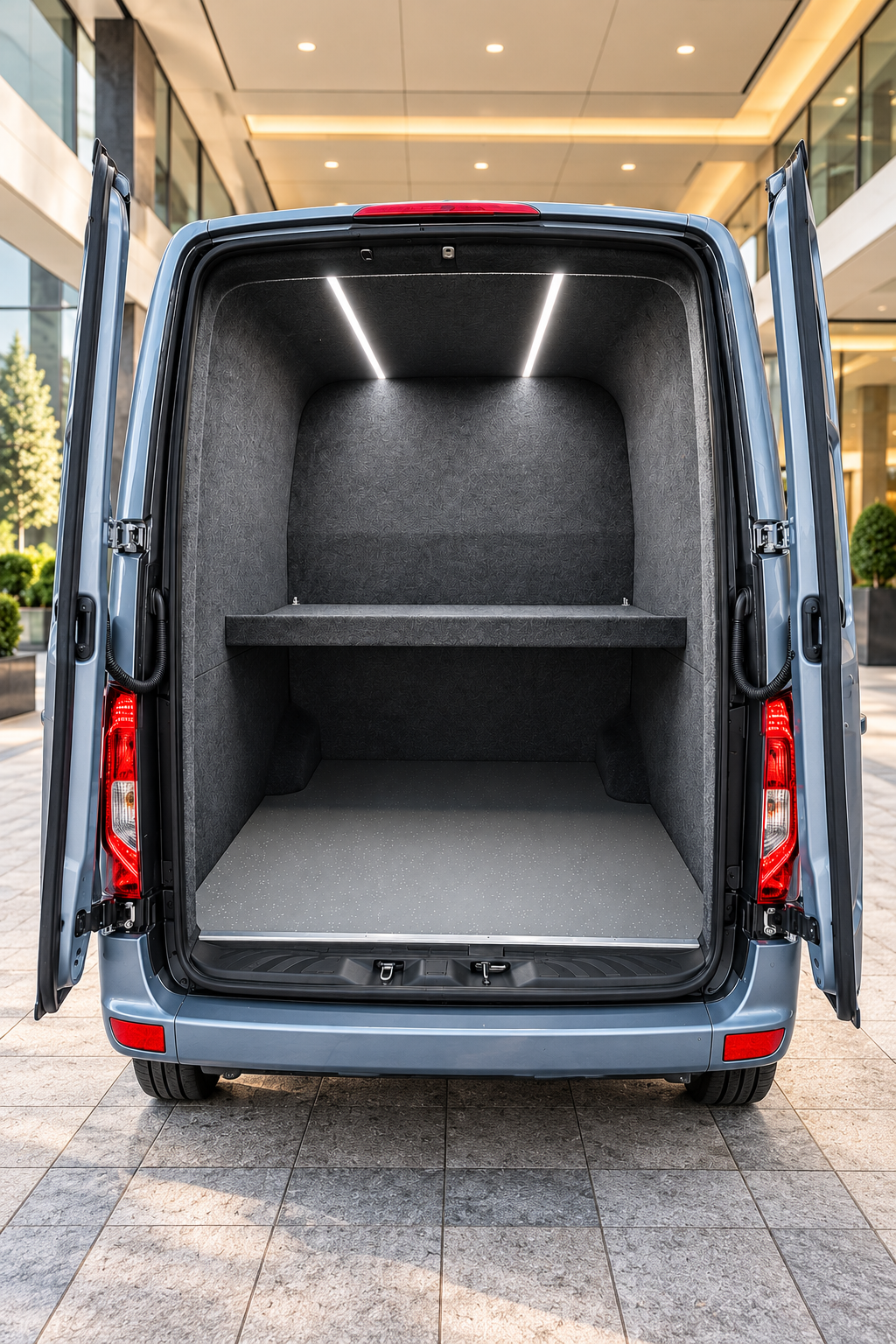 Spacious Mercedes Sprinter luggage compartment with two storage levels